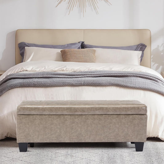 Faux Leather Ottoman with Storage, 42 Inch Rectangular Storage Ottoman Bench with Safety Hinged Lid, Large Upholstered End of Bench for Bedroom Entryway Living Room, Grey