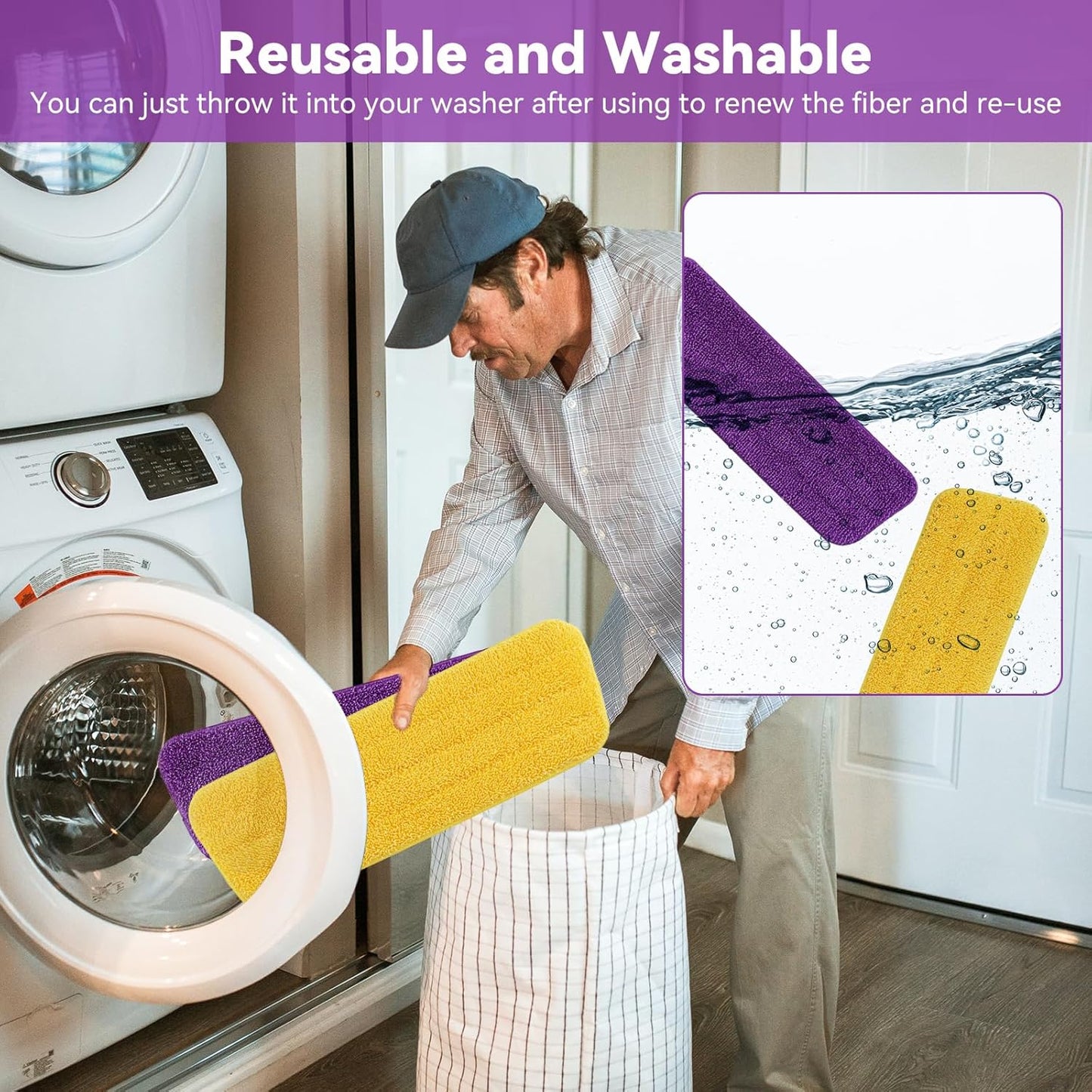 16.5 inch Microfiber Mop Pads for Rubbermaid Reveal Spray Mop and Any 16.5" Flat Mop - 10 Pack 13''-15'' Spray Mop Pad Reusable Washable Replacement Refills - Purple & Yellow