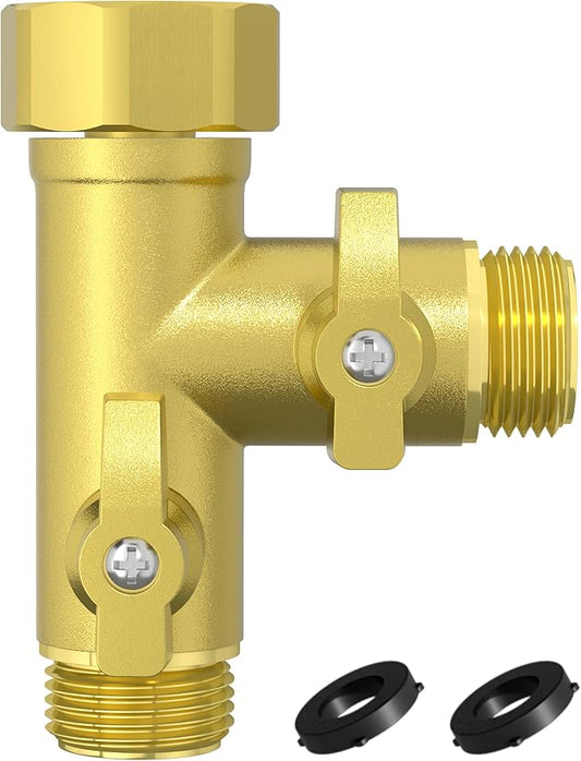 High Flow Solid Metal 2 Way ├ Type Garden Hose Splitter with Shut-Off Valves, 360 Degree Rotation 3/4" Spigot Faucet Connectors with 2 Extra Silicone Washers