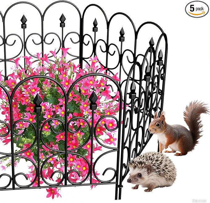 AMAGABELI GARDEN & HOME 5 Panels 32in(H)×10ft(L) Decorative Garden Fences and Borders for Dogs No Dig Rustproof Metal Fence Panels Garden Edging Border Animal Barrier Fencing for Flower Beds Black