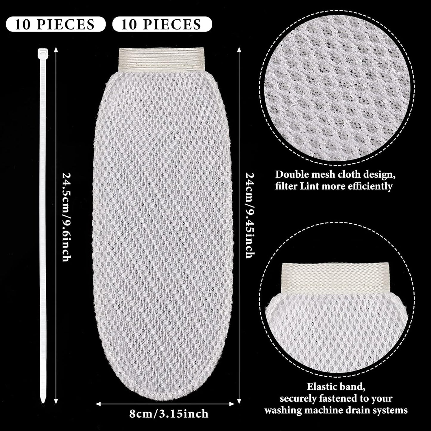 LEIFIDE 10 Pieces Lint Traps for Washing Machine Hose and Cable Ties Set Laundry Lint Catcher Nylon Mesh Trap for Washer Hose Fits Most Washing Machines, White