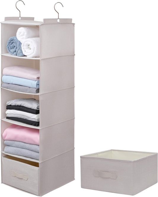 Large Hanging Sweater Organizer for Closet,Collapsible 6-Shelf Hanging Closet Shelves with Drawers, Washable (Beige -5 Shelf-1 d)
