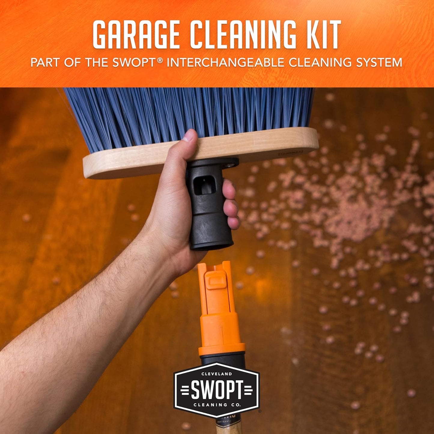 SWOPT Garage Kit — Includes 48” and 60” Wooden Handles, Smooth Surface Push Broom, Multi-Surface Push Broom, Angle Broom, Deck Brush, Floor Squeegee, and Organizer — Covers All Outdoor Cleaning Needs