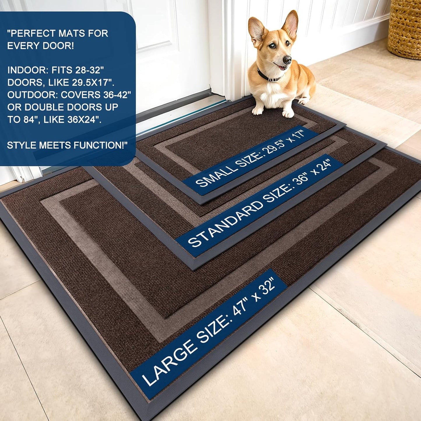 OLANLY Front Door Mat Indoor Outdoor Entrance, Waterproof All-Season, All-Weather Doormat, Sturdy Natural Rubber, Fade Resistant, Low Profile, Easy Clean Patio Porch Entryway Mat, 29.5x17, Dark Brown