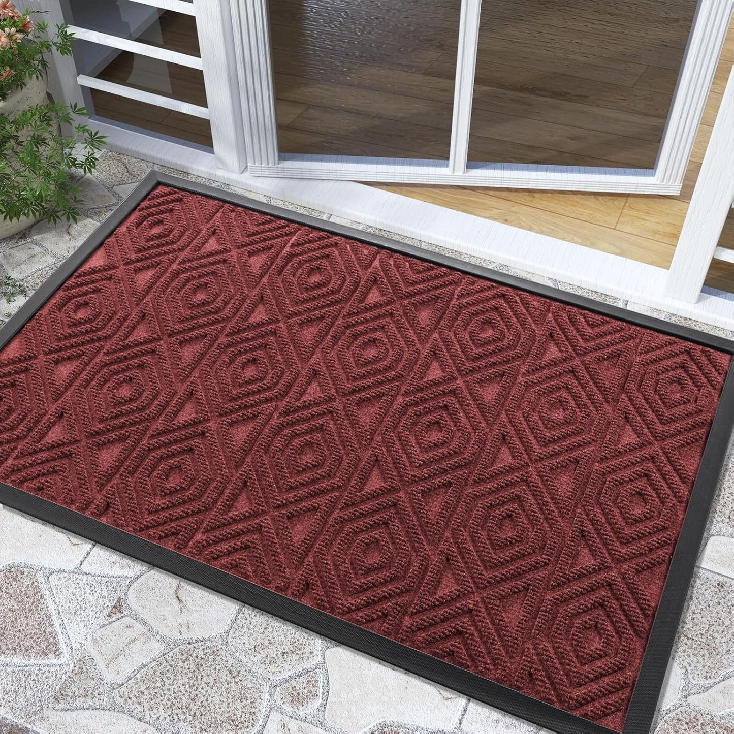 Yimobra Door Mat, Outdoor Indoor Entrance Welcome Mat, Heavy Entry Front Door Mat, Stain & Fade Resistant, Low Profile, Sturdy Rubber, Easy Clean Patio Floor Mat, Waterproof, 36 x 24, Wine Red
