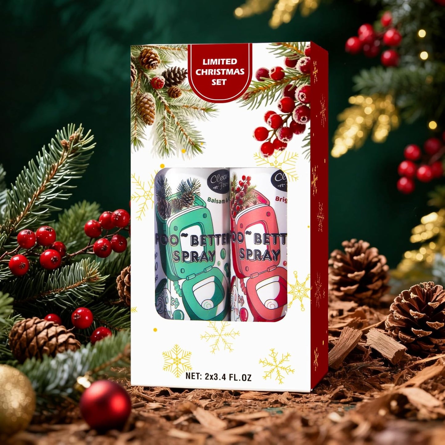 Clean-n-Fresh Toilet Spray, Holiday Pack Gift Set - 6.8 Fl Oz Balsam & Cedar and Bright Berry, Bathroom Odor Deodorizer, Up to 400 Uses