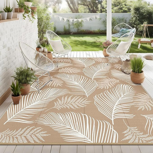 Pauwer Waterproof Outdoor Rug 10x14, Reversible Plastic Straw Patio Camping Rug, Indoor Outdoor RV Mat Carpet for Deck, Camper, Porch, Balcony, Backyard, Picnic, Leaf Brown