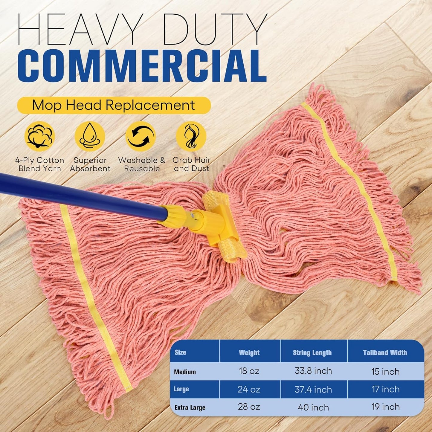 Matthew Cleaning Commercial Mop Head Replacement, 5 Inch Wide Headband, Looped End Cotton Blend String Wet Mops for Floor Cleaning, 18 oz Medium, 6-Pack Orange