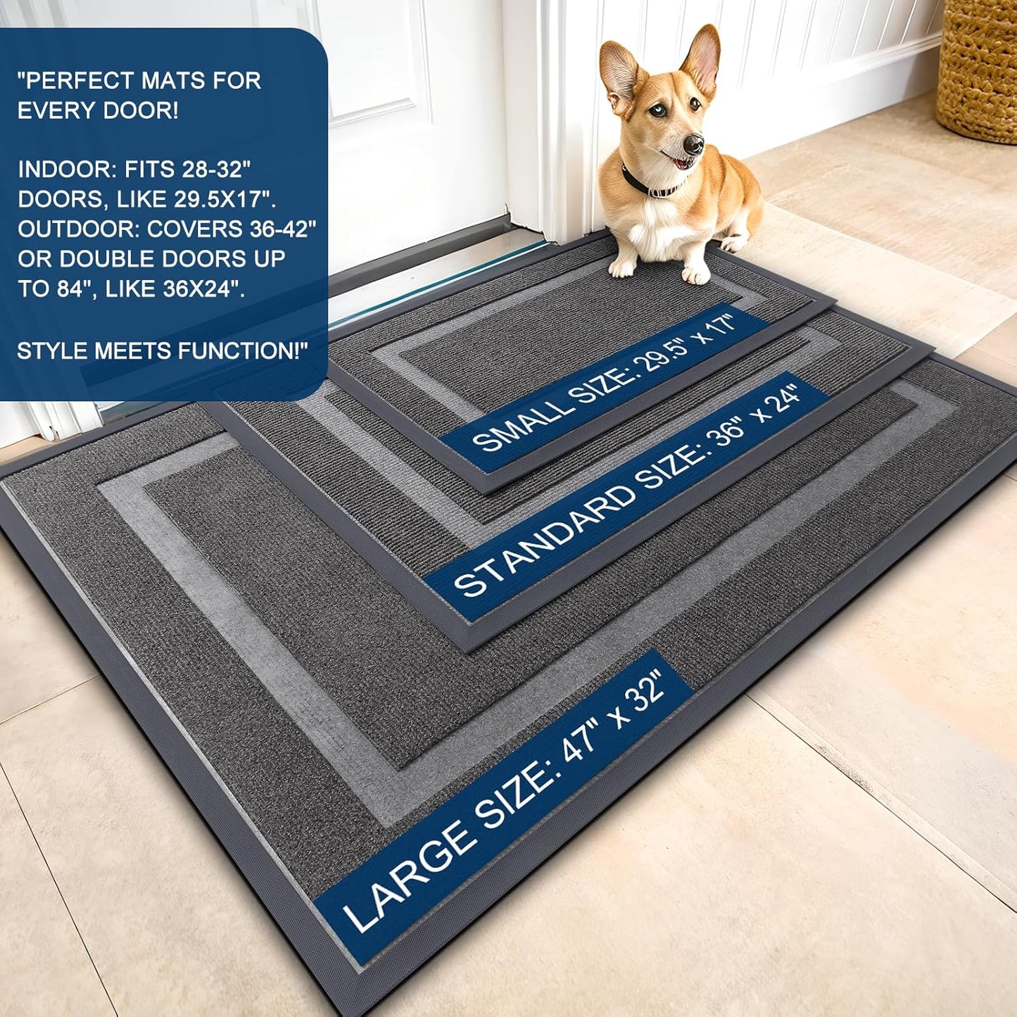 OLANLY Front Door Mat Indoor Outdoor Entrance, Waterproof All-Season, All-Weather Doormat, Sturdy Natural Rubber, Fade Resistant, Low Profile, Easy Clean Patio Porch Entryway Mat, 59x23, Dark Grey