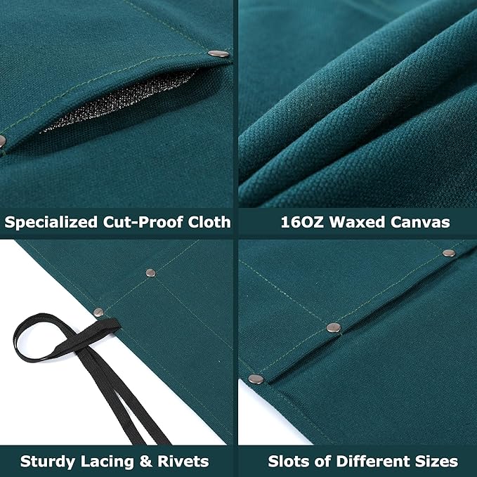 Chef Knife Storage Roll, Heavy Duty 16oz Waxed Canvas Knife Holder, Knife Roll with Cut Resistant Fabric, 4 Slots Knife Bag with Tie Rope - Dark Green