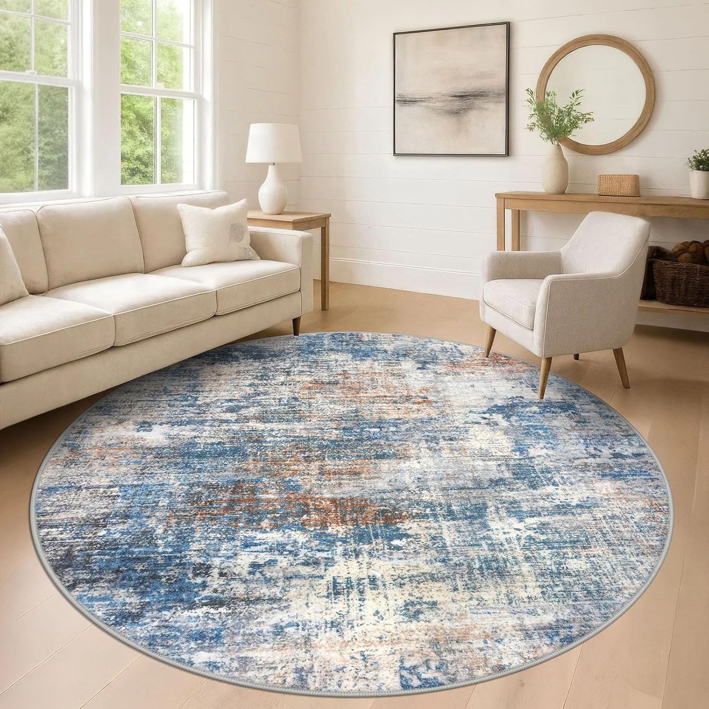 IOHOUZE Abstract Round Area Rug 8 Ft Washable Circle Rugs Large Round Rug Non Slip Thin Soft Circle Rugs, Printed Faux Wool Floor Carpet for Bedroom Living Room Dining Room Nursery, Blue Rust