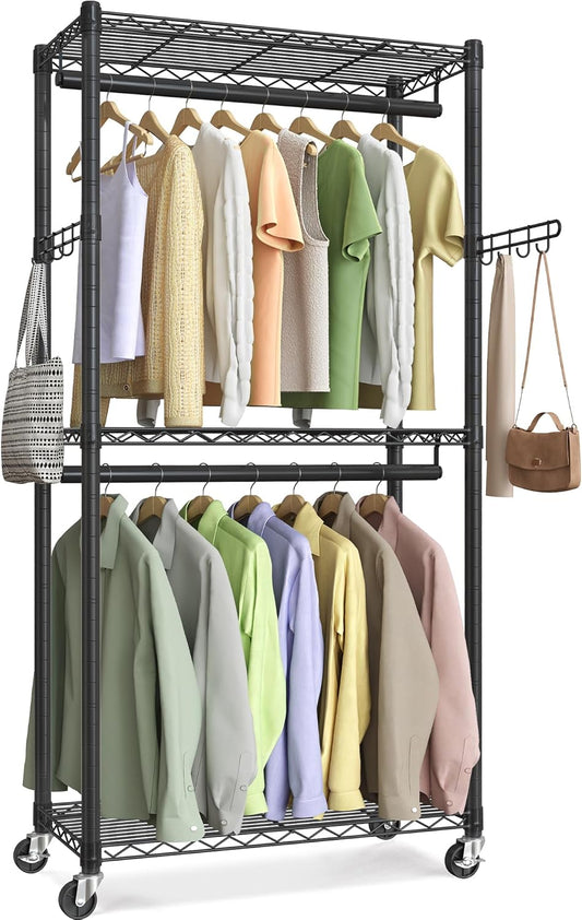 SONGMICS Heavy-Duty Rolling Clothes Rack, Garment Rack, Portable Closet, 29.5-Inch Wide Clothing Rack on Wheels, with Adjustable Mesh Shelves and Hanging Rails, Hooks, Ink Black ULGR412B01