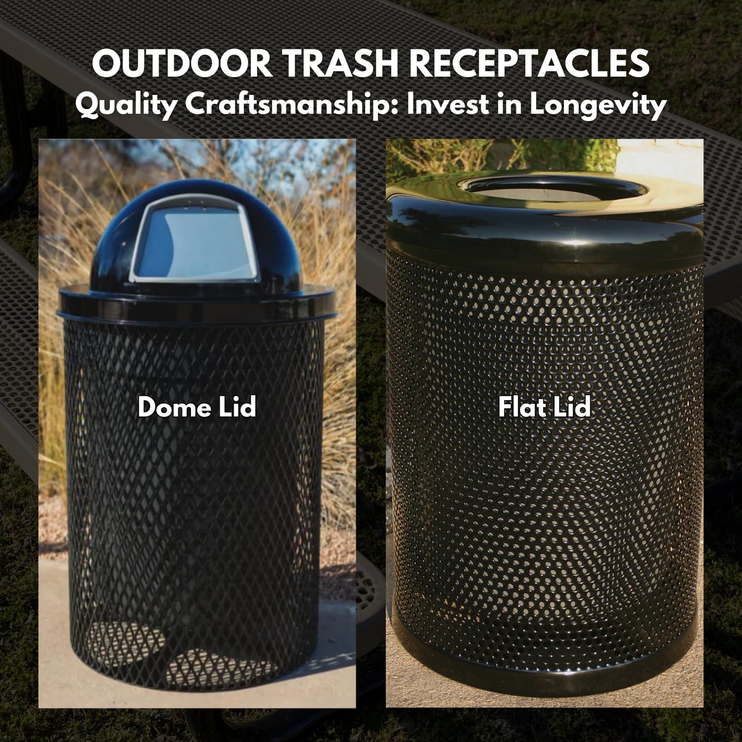 COATEDOUTDOORFURNITURE RDT-P-TXTGRY Heavy Duty Round Trash Receptacle with Dome Top, Liner Included, 32 Gallon, Textured Grey, Made in America