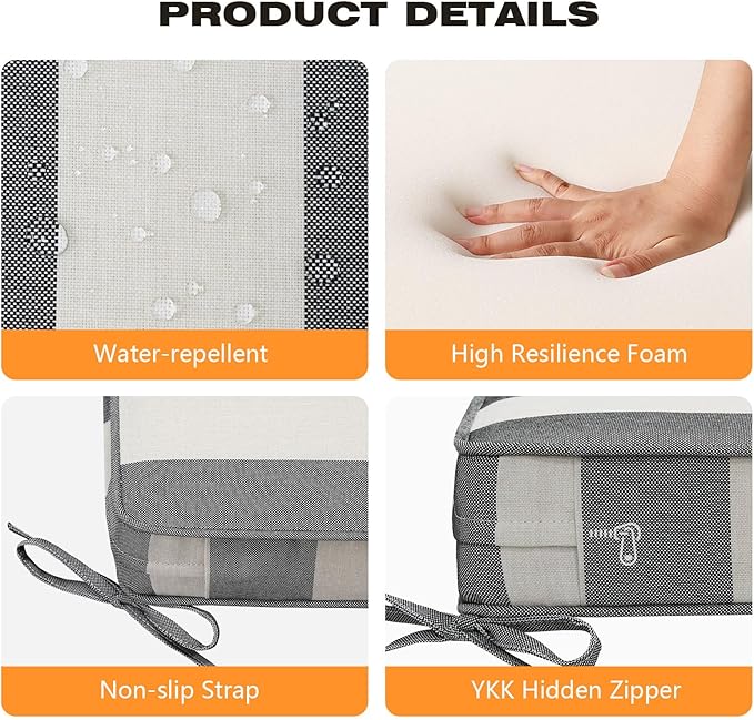 Square Corner Seat Cushions, 19" x 19" x 3", Set of 4, Indoor Outdoor Water Repellent Universal Chair Pads with Ties for Patio Furniture, Garden Deck Dining Chairs, Gray Stripe