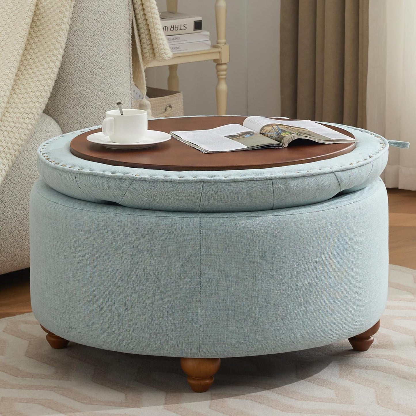 30Inch Round Storage Ottoman with Tray, Modern Tufted Fabric Circle Coffee Table with Storage, Upholstered Ottoman with Removable Top for Living Room, Bedroom, Light Blue