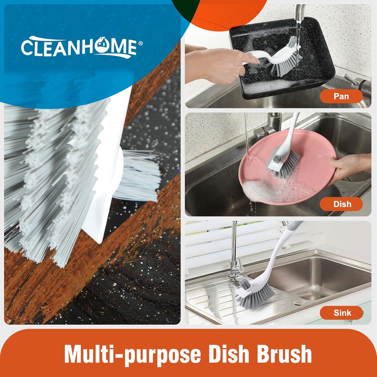 4-Pack Heavy-Duty Dish Scrub Brushes with Stiff Non-Scratch Bristles & Long Handle - Multi-Purpose Kitchen Cleaning Brushes for Pots, Pans, Bottles, Deep Cleaning