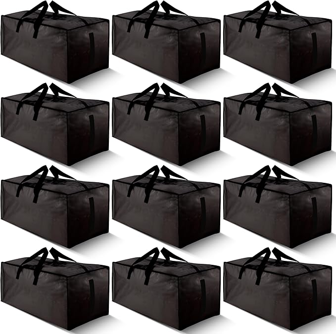 12 Pack Large Strong Moving Bags with Zippers & Carrying Handles - Water-Resistant - Heavy Duty Storage Tote for Space Saving Moving Storage, Fold Flat, Alternative to Moving Box (Black)