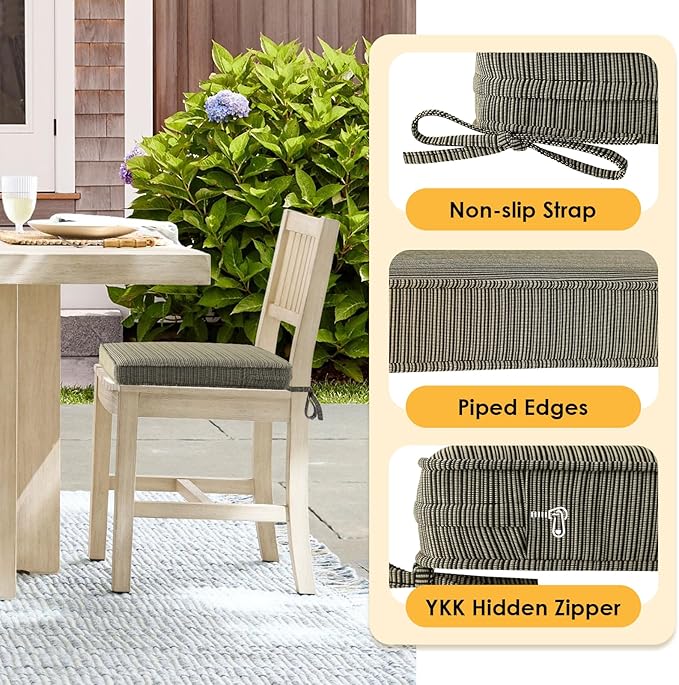 Outdoor Square Corner Seat Cushion, 19"x19"x3", Set of 4, Non Slip Seat Cushion Pads with Removable Cover for Patio Furniture, Garden Yard Lawn, Dark Black Tan Stripe
