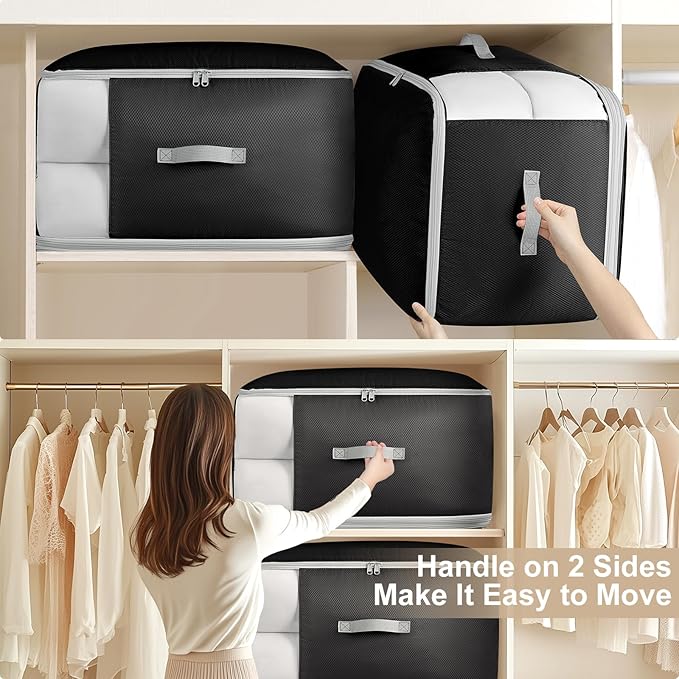 Comforter Storage Bag - 130L Large Capacity Blanket Storage Bags 3-Layer Ultra Space Saving Self Compression Organizer, Washable Compression Bags for Storage Comforter Blanket, 4-Pack, Black