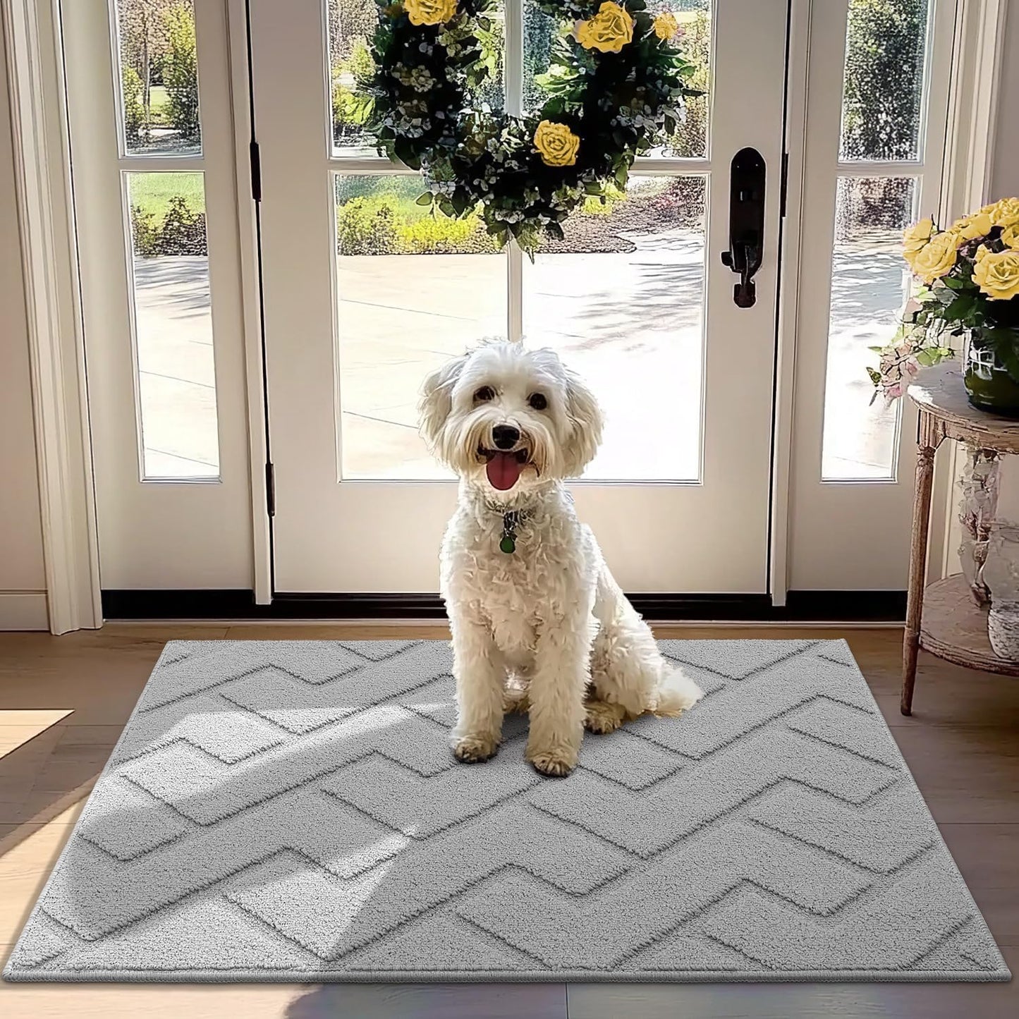 hicorfe Front Door Mat Outside Entrance,32"x40" Absorbent Muddy Dirt Resist Welcome Door Mats Outdoor Indoor,Stain and Fade Resistant,Non Slip Backing Entry Mat Doormat for Entryway(Light Grey)
