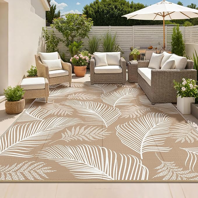 Pauwer Waterproof Outdoor Rug 10x14, Reversible Plastic Straw Patio Camping Rug, Indoor Outdoor RV Mat Carpet for Deck, Camper, Porch, Balcony, Backyard, Picnic, Leaf Brown