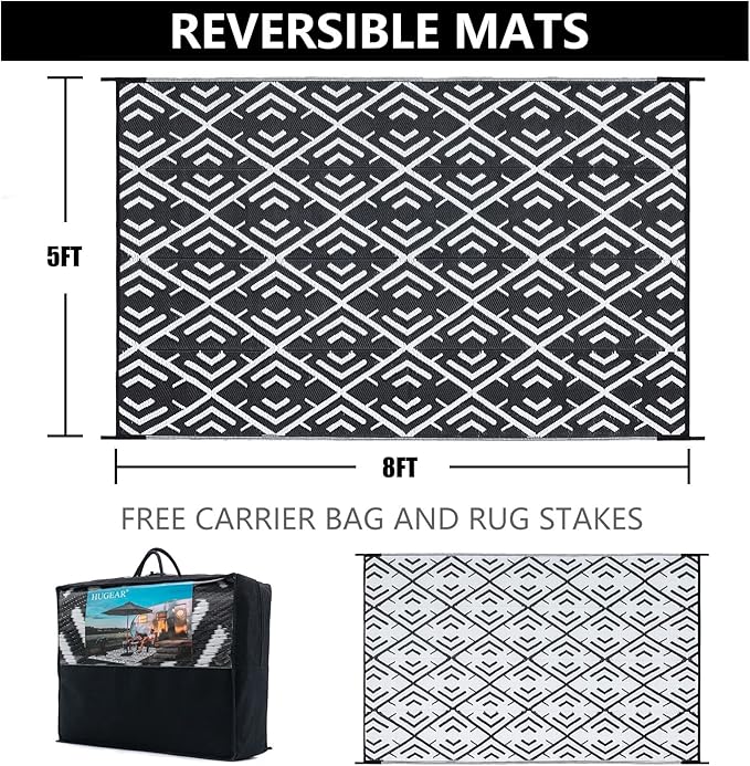 Outdoor Rug Mats, Large Waterproof Outdoor Area Rug, Reversible Portable Outdoor Plastic Straw Carpet for RV Deck Camping Front Door Indoor Outside Porch Picnic (5x8ft Geometric Black&White)