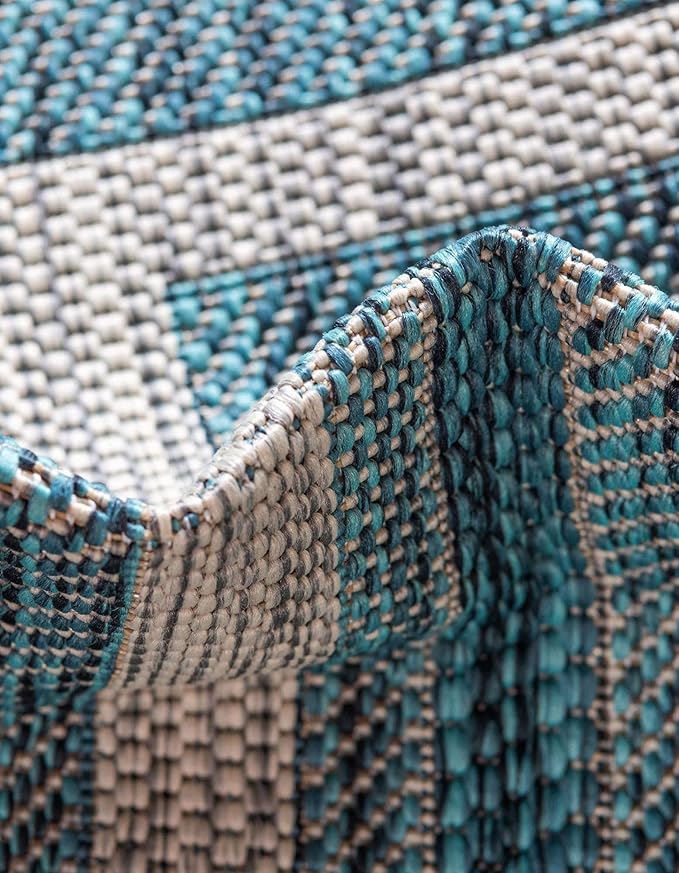 Unique Loom Outdoor Border Collection Area Rug - Soft Border (5' 1" Octagon, Teal/ Ivory)
