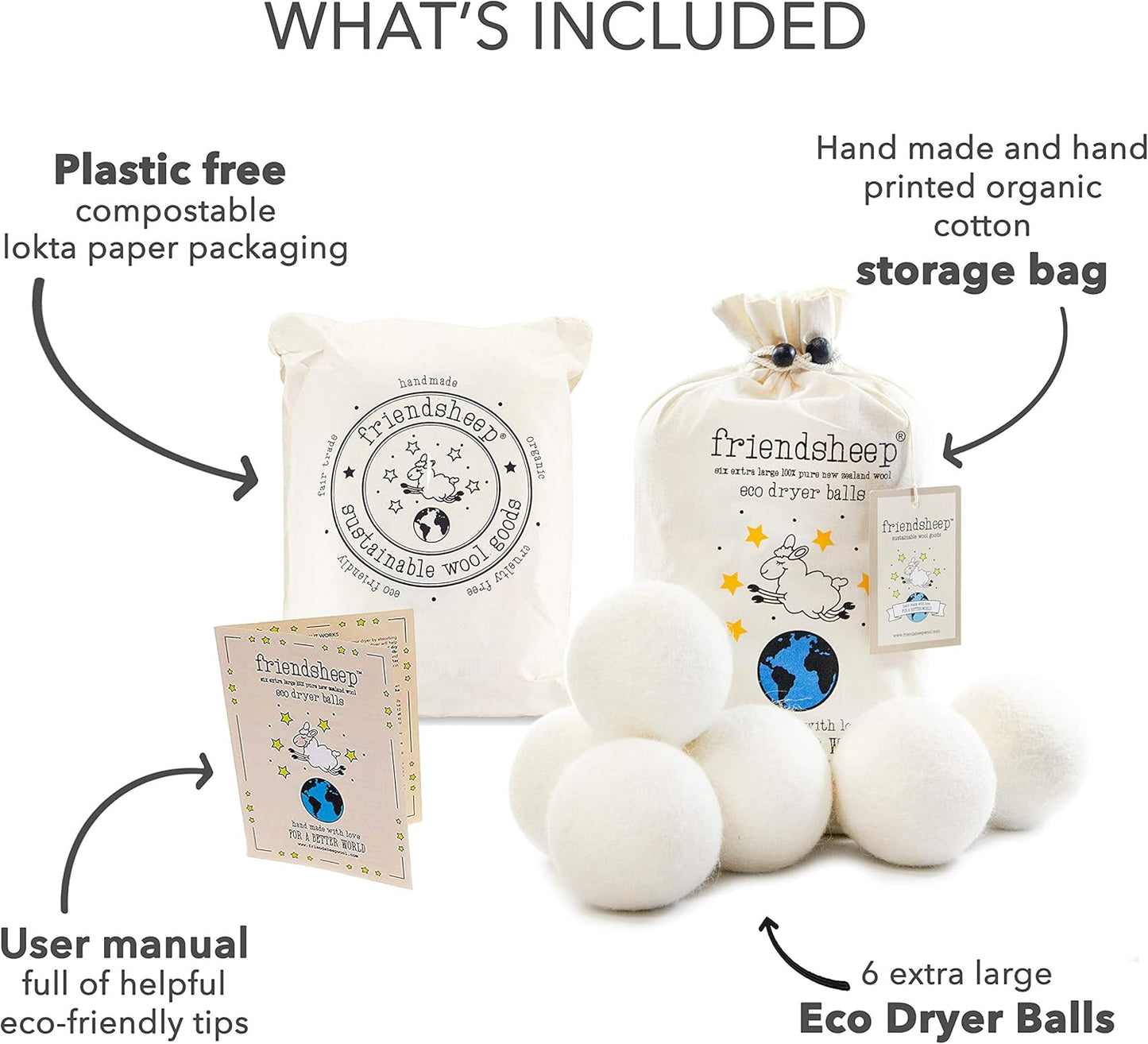 Wool Dryer Balls by Friendsheep 6 Pack XL Organic Premium Reusable Cruelty Free Handmade Fair Trade No Lint Fabric Softener White - "Creamy White"