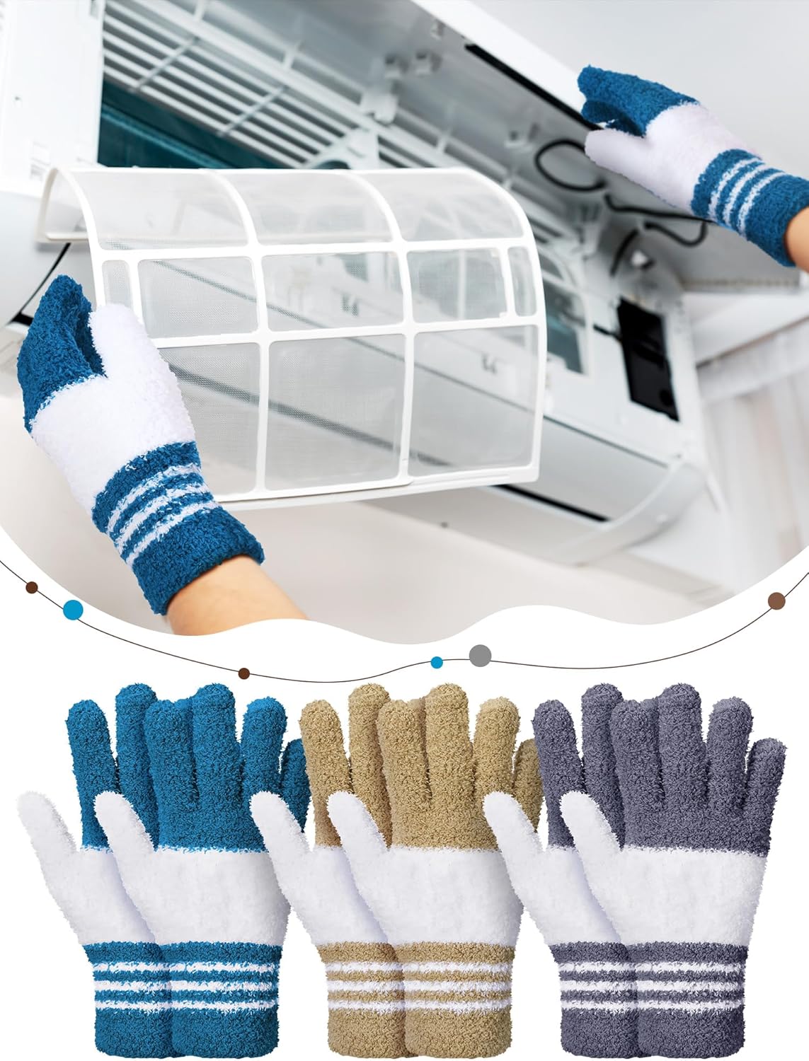 Patelai 3 Pairs Microfiber Plant Dusting Gloves Leaf Cleaning Gloves for Indoor Plants, Blinds, Furniture, House (Large,Dark Blue, Gray, Khaki, White)