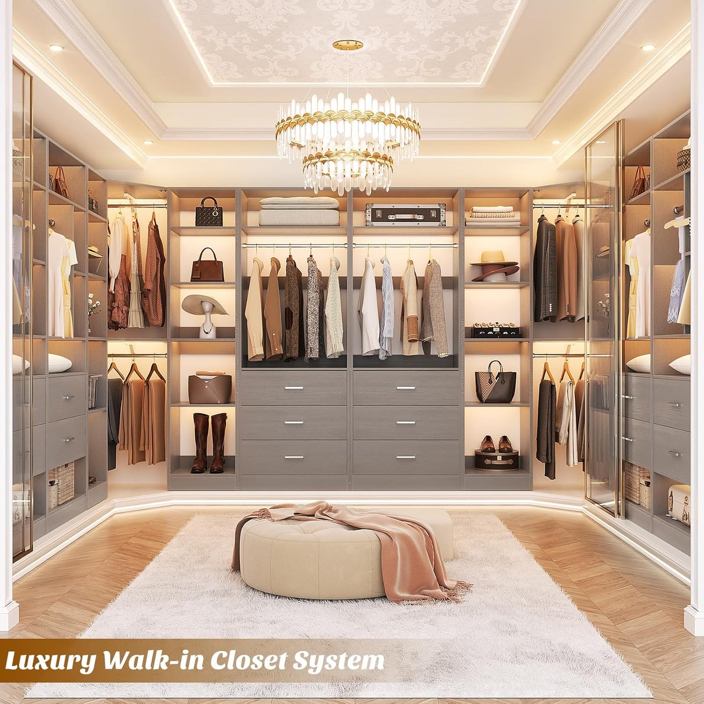 Corner Closet System with 3 Drawers, Corner Closet Organizer System with 13 Shelves & 3 Hanging Rods, 63.2"L * 39.2"W Reversible L Shaped Walk-in Closets, Load 2000+LBS, Grey