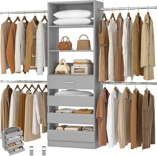 Aheaplus Closet System, 4-9Ft Closet Organizer with 4 Wooden Drawers, Wood Closet Organizer System with Tower, Walk-in Closet Organizer Wardrobe Garment Clothes Rack with 4 Hanging Rods, Grey