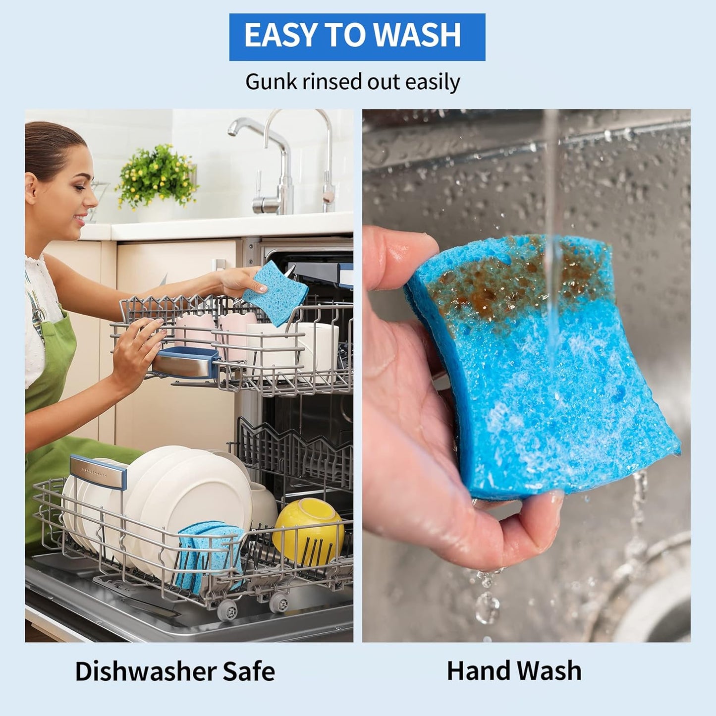 HOMERHYME Non-Scratch Cellulose Scrub Sponges 12 Pack, Sponges Kitchen with Double-Side & Ergonomic Design for Dishes, Coated Cookware, Sink & Countertops.