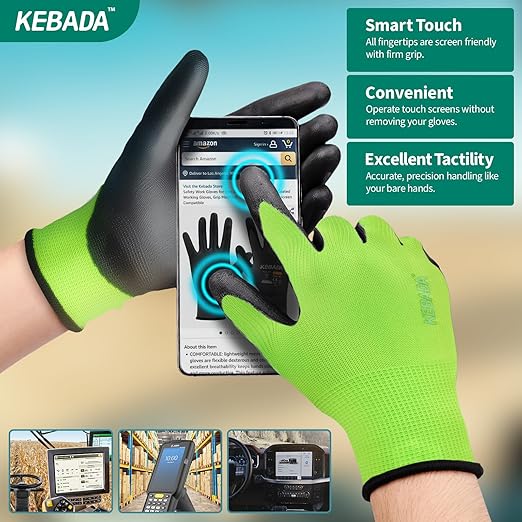 Kebada W1 Work Gloves for Men and Women, Touchscreen PU Coated Gloves with Grip, 50 Pairs Bulk Pack, Ideal for Warehouse Package Handling, Construction, Gardening, Green X-Large