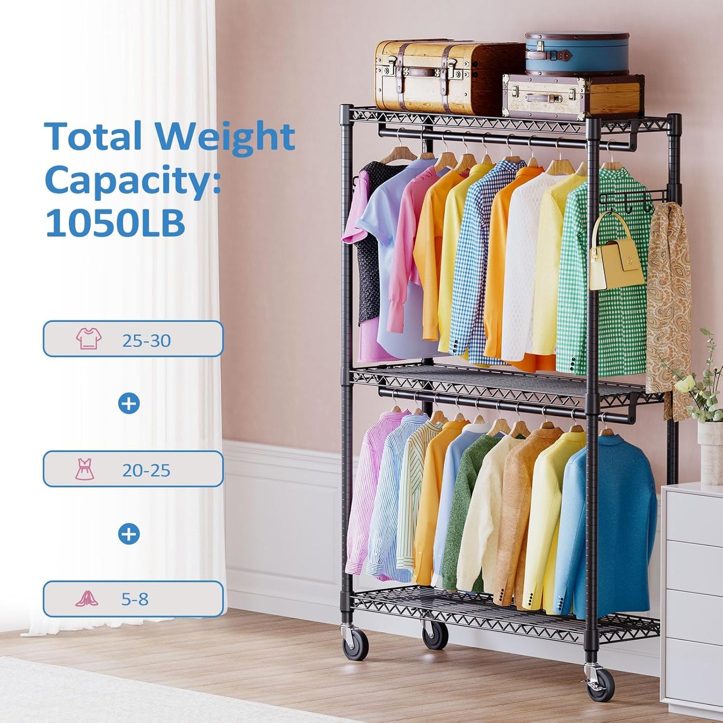 IZEUK 3 Tier Heavy Duty Rolling Garment Rack Wire Clothes Rack for Hanging Clothes, Metal Freestanding Closet Wardrobe Rack with Double Rods and Side Hooks Black 15.7" D x 45.3" W x 79.6" H