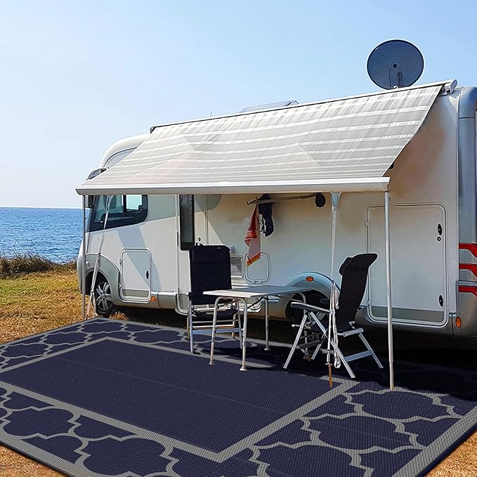 GENIMO 10 ' x 14 ' Outdoor Rug Waterproof for Patio Decor, Foldable Reversible Plastic Straw Area Rugs Mat for Camper, Outside Carpet for Rv, Deck, Porch, Picnic, Beach, Balcony, Blue & Grey