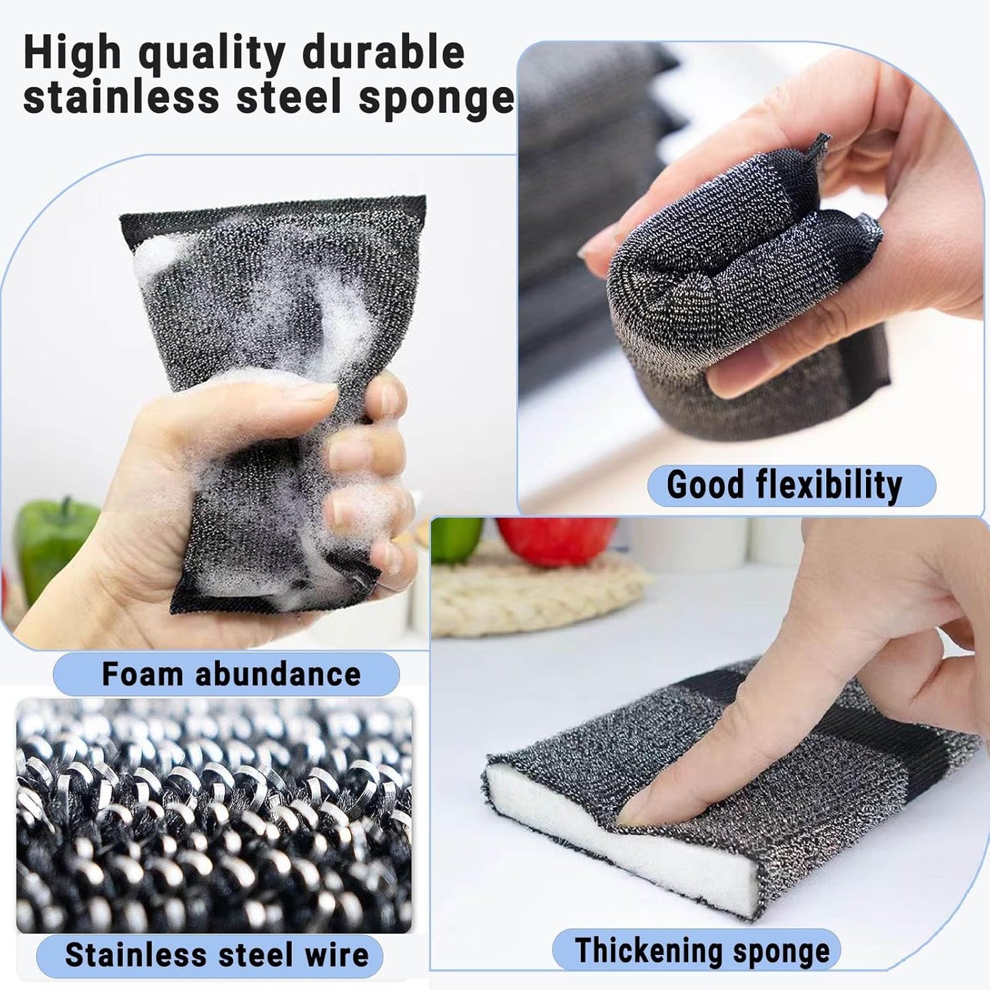Steel Wool Scrubber Dish Sponges - Kitchen Scrubbing Pads Pot Scrubber for Kitchen Non Scratch, Soft and Fast sponges for Cleaning (6 Pack)