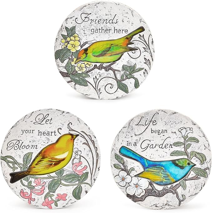 Sungmor 3PC Pretty Garden Stepping Stones, 9.5" Large Concrete Decorative Stones with Beautiful Pattern, Unique Outdoor Lawn Accents, Yard Walkway Flower Bed Wall Shelf Welcome Friends Decorations