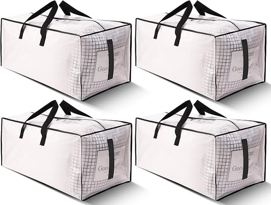 4 Pack Large Strong Moving Bags with Zippers & Carrying Handles - Water-Resistant - Heavy Duty Storage Tote for Space Saving, Fold Flat, Alternative to Moving Box (Semi-Transparent)