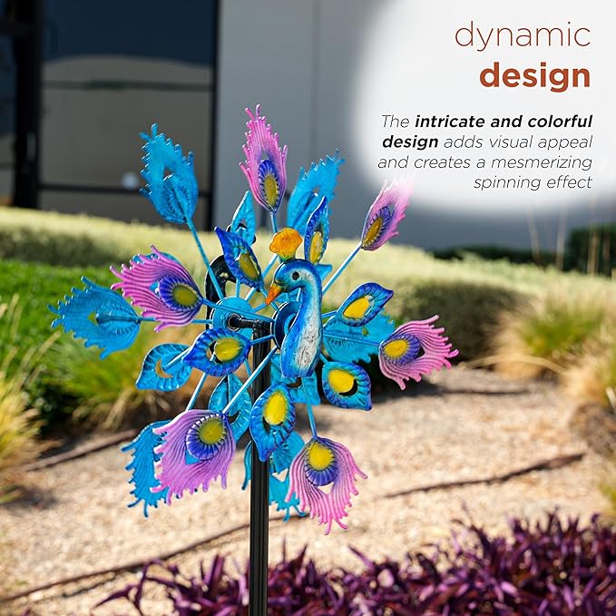 Alpine Corporation SLL2430 Double Layer Peacock Kinetic Wind Spinner Garden Stake, Colorful Statement Garden Décor, 55" H