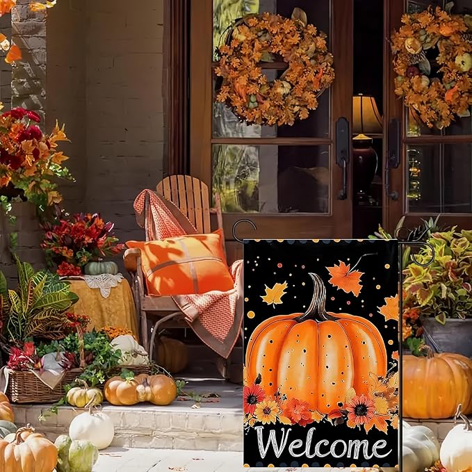 Pumpkin Garden Flag 12X18Inch Double Side,Autumn Maple Leaves Fall Yard flag, Welcome Thanksgiving Outside Small Garden Flag Decorative,Fall Outdoor Flag for Holiday Patio Courtyard