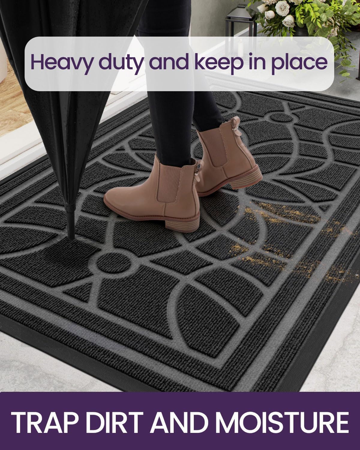 DEXI Front Door Mat Outside Entrance, Heavy Duty Non Slip Low Profile Doormat for Entryway, Trap Dirt and Moisture Welcome Mats, Easy Clean, Patio, Garage, 17x29, Grey