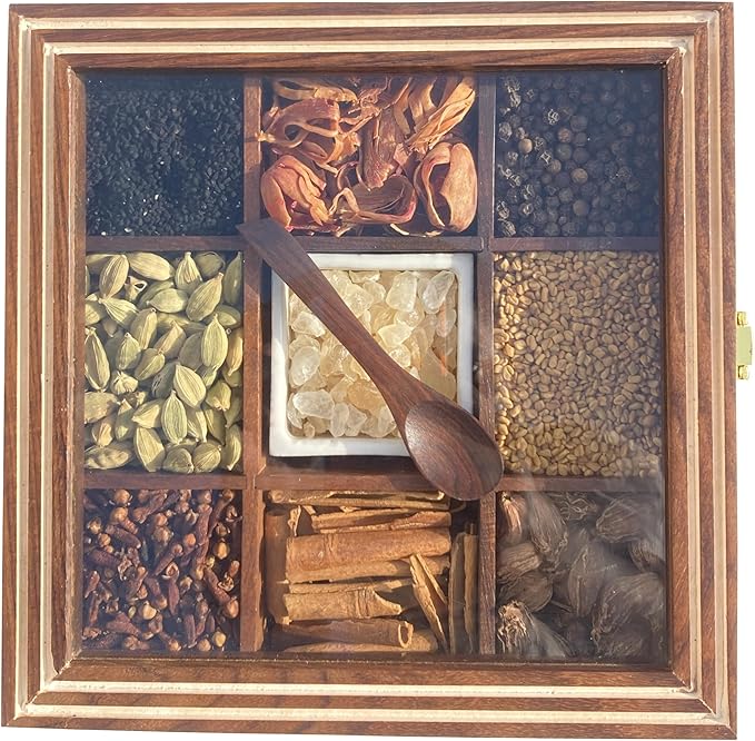 Wooden Spice Box with lid and Spoon - 9 spice compartments including with 1 removable Ceramic Container Good for Storing Salt - Tabletop Kitchen Spice Organizer for Masala and Herbs