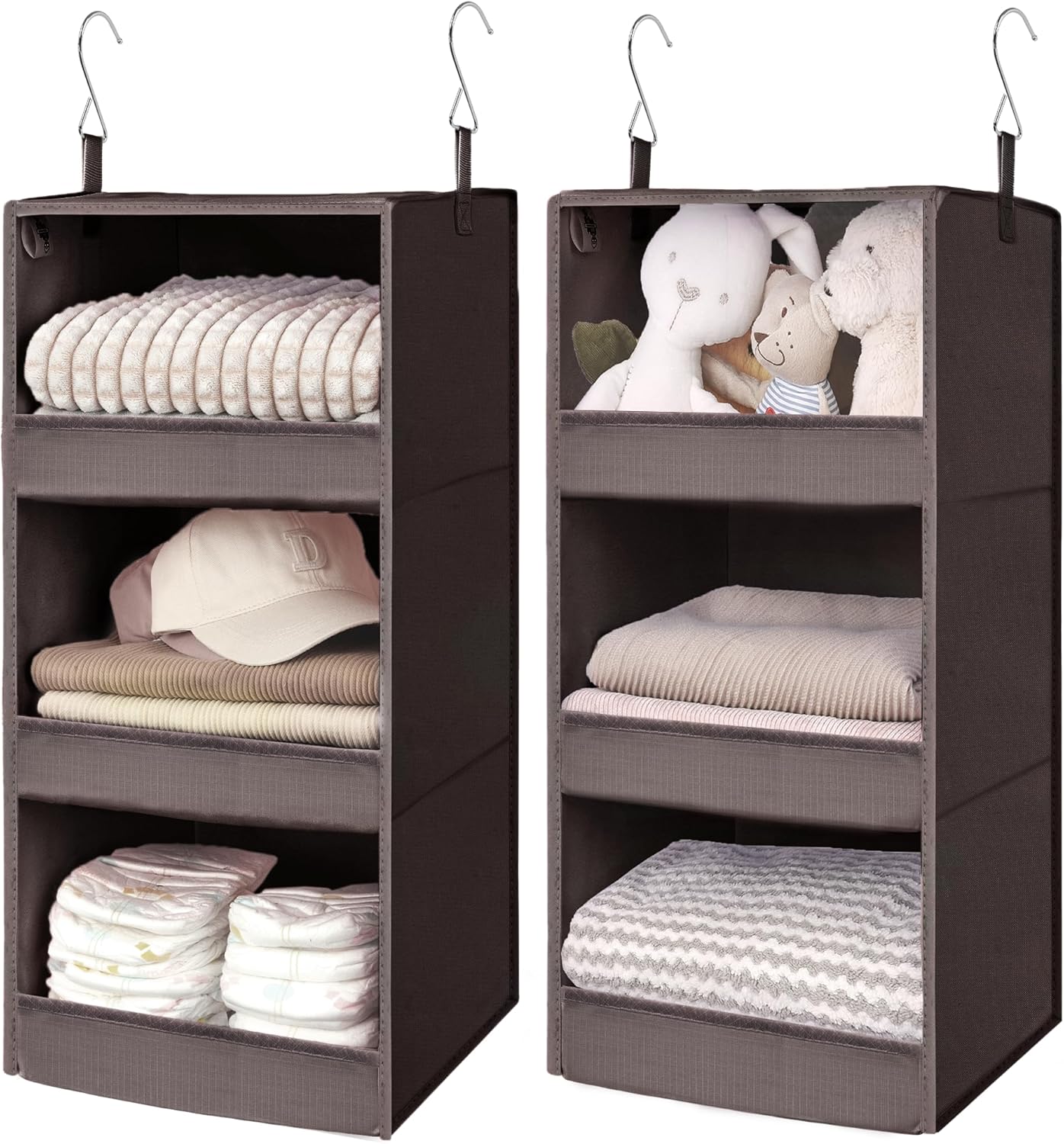 GRANNY SAYS 3 Shelf Hanging Closet Organizers and Storage, Collapsible Closet Storage Organizer with 2 Metal Hooks, Leak-Proof Hanging Shelves for Baby Clothes, Sweaters, 2 Pack, Dark Brown