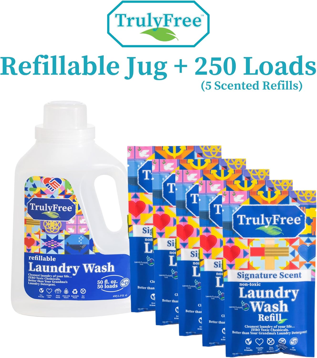Truly Free Natural Laundry Detergent for Sensitive Skin | Eco Friendly, Plant Based, Baby Clothes Safe | Clean & Easy Powder to Liquid, 5 Pack Detergent + 1 Refillable Jug | Signature Scent 250 Loads