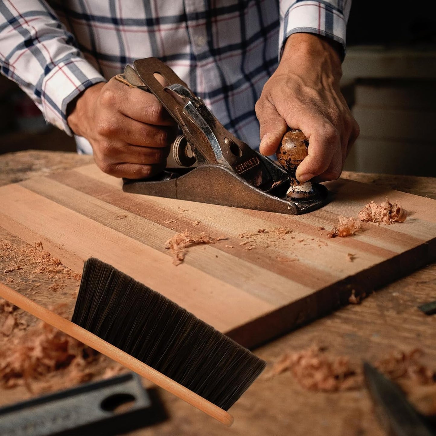 2 Pieces Woooden Dust Brush Hand Broom Bench Brush with Long Wood Handle Whisk Broom Soft Bristle Brush for Counter Bed Sofa Car Fireplace Clothes Household Cleaning(Brown)