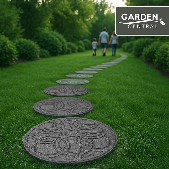 Garden Central 4-Pack 18”x18” Fake Pendant Rubber Stepping Stones, Round, Grey – Reversible Non-Slip Outdoor Faux Decorative Set for Landscaping – DIY Decor for Walkways & Yard Pathways