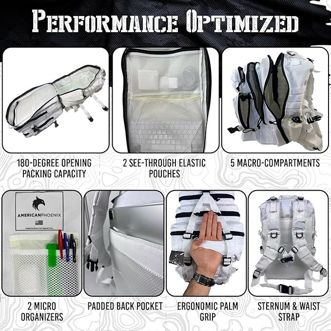 45L Elite Tactical Backpack | 3X Stronger Work & Military Backpack | Water Resistant and Heavy Duty | 3 Day MOLLE Bug Out Bag (Polar White)