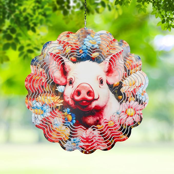 Pig Metal Wind Spinners Outdoor,Hanging Wind Spinner Garden Decor Birthday Gifts for Women Men,12 inch 3D Kinetic Sculpture for Backyard,Porch,Yard,Patio,Outside Decorations