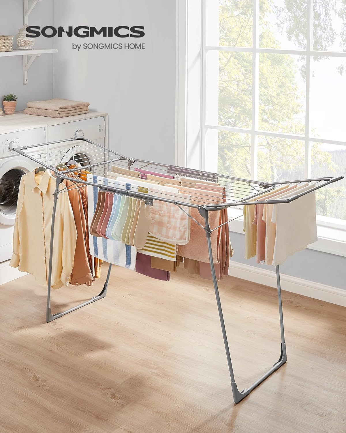 SONGMICS Clothes Drying Rack Foldable, Gullwing Laundry Drying Rack, Space-Saving, 22.2 x 68.1 x 38 Inches, Sock Clips, Metal Structure, for Clothes, Towels, Linens, Indoor, Outdoor Gray ULLR518G01