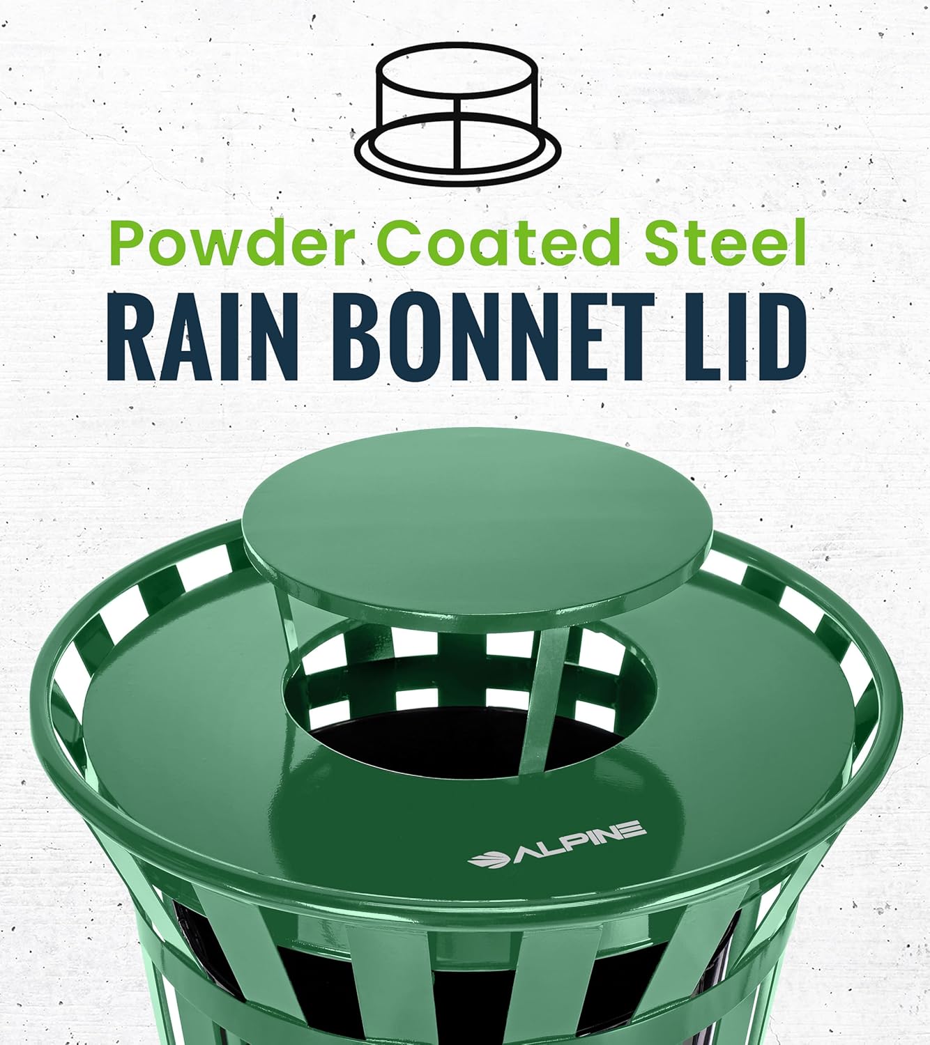 Alpine Industries Outdoor Metal Waste Receptacle Rain Bonnet Lid - Heavy Duty Trash Can - Commercial Trash Receptacle Cover - 38 Gallon Commercial Garbage Can Lid - Green